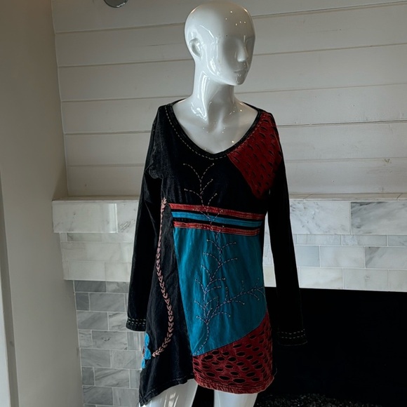Boho Nepalese Embroidered Floral Black Multicolored Cotton Mini Dress Size Small - Picture 8 of 10